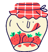 a cartoon drawing of a jar of strawberries with a smiley face on it