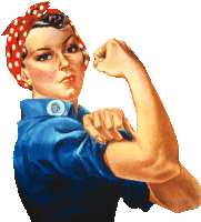 a woman in a blue shirt and red headband flexes her arm