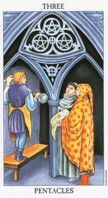 a tarot card showing three pentacles and a man holding a hammer