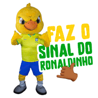 a duck mascot giving a thumbs up next to the words faz o sinal do ronaldinho