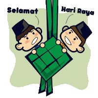 a cartoon of two men holding a green item with the words selamat hari raya on the bottom