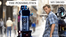 a man in a plaid shirt stands next to a x-pod