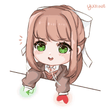 a drawing of a girl with green eyes and the name yuxine below her