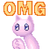 a pixel art of a pink cat with the words omg written above it