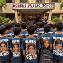 a group of children are standing in front of a rosenj public school