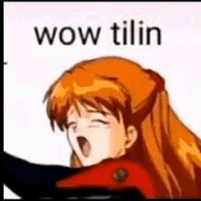 a cartoon of a girl yawning with the words wow tilin written above her .