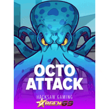 a blue octopus with yellow eyes and the words octo attack on it