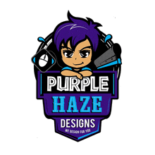 a logo for purple haze designs shows a cartoon character with purple hair