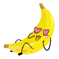 a cartoon drawing of a banana with pink hearts in its eyes