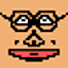 a pixel art of a man 's face with glasses and a red lip .