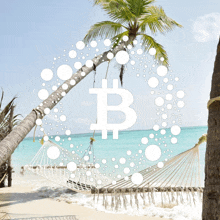 a picture of a beach with a hammock and a palm tree with a bitcoin symbol in the middle