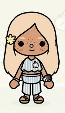 a cartoon girl with blonde hair and freckles is wearing a striped top and pants and holding a watch .