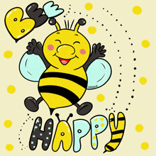 a cartoon of a bee with the word happy below it