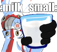 a cartoon of a robot holding a glass of milk with the words milk small written above it