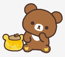 a brown teddy bear sitting next to a pot of honey