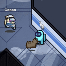 two among us characters are standing next to each other in a room with the name conan above them