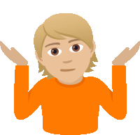 a man in an orange shirt is shrugging his shoulders with his hands