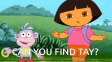 dora the explorer standing next to a monkey with the words can you find tay on the bottom