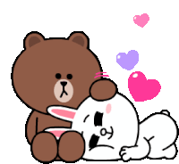 a brown bear is hugging a white rabbit with pink and purple hearts surrounding them