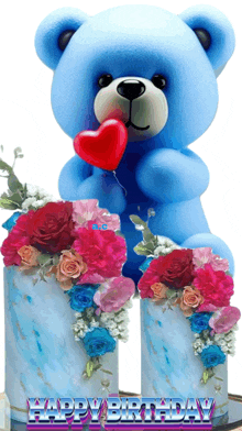 a blue teddy bear is holding a heart shaped balloon in front of a happy birthday sign