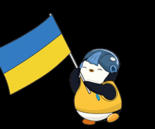 a penguin holding a blue and yellow flag