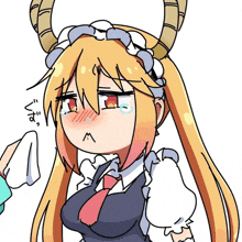 a drawing of a maid with horns crying and holding a towel