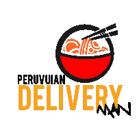 a logo for peruvian delivery with a bowl of noodles and chopsticks