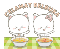 two cartoon cats are sitting at a table with bowls of food and the words " celamat belbuka " on the top