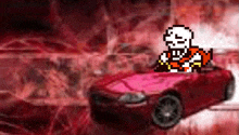 a pixel art of a skeleton driving a red car .