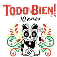 a drawing of a cat with a skull on its face and the words todo bien 10 anos