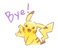 a drawing of a pikachu with the word bye written below it