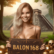 a woman holding a sign that says balon 168 in front of a pyramid