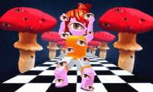 a girl with a bunch of eyes on her body stands in front of red mushrooms