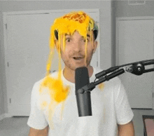 a man with spaghetti on his head is talking into a microphone .