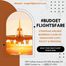 an advertisement for budget flights fare shows an airplane on a runway