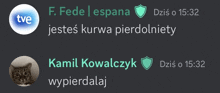 a screenshot of a chat with two people named kamil kowalski and f. fede