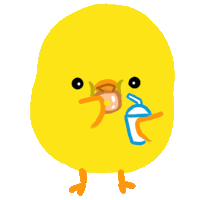 a cartoon drawing of a yellow chicken drinking a drink