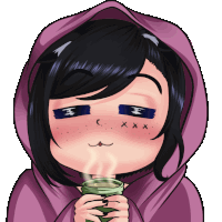 a girl in a purple hoodie is holding a cup with steam coming out of her mouth