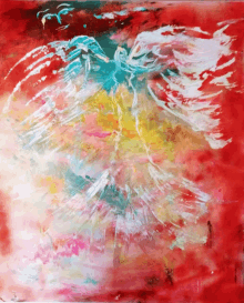 a colorful painting of an angel with wings spread on a red background