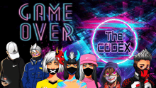 a group of people are standing in front of a neon sign that says game over and the codex