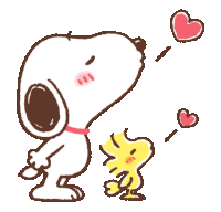 a cartoon drawing of snoopy and woodstock with hearts coming out of their mouths