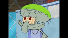 squidward from spongebob wearing a green hat