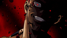 a close up of a cartoon character with red eyes and blood coming out of his mouth