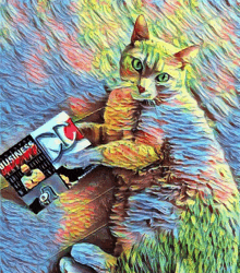 a colorful painting of a cat reading a business book