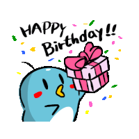 a blue penguin holding a pink gift box with the words happy birthday below it