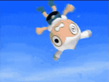 a cartoon character is falling through the air with a blue sky in the background