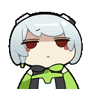 a cartoon character with white hair and red eyes is wearing headphones and a green shirt .