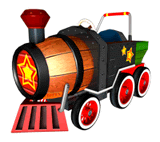 a toy train with a wooden barrel on the front of it .