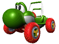 a green toy car with red wheels that looks like yoshi from mario kart