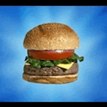 a hamburger with lettuce , tomato , cheese , and onions on a blue background .